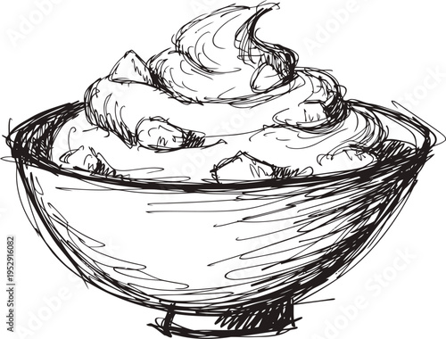 Bowl of creamy yogurt with fruit chunks healthy dairy dessert or breakfast sketch illustration