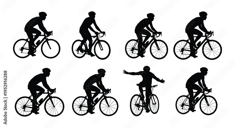 Obraz premium Silhouettes of cyclists in various riding positions and a celebratory pose