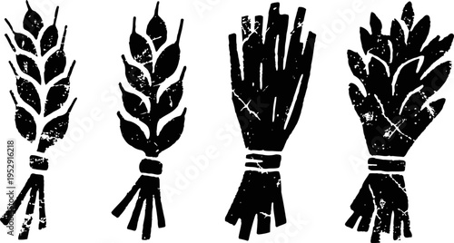black distressed wheat sheaves silhouettes set rustic grain bundles for agriculture and harvest design