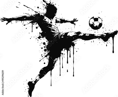 dynamic soccer player kicking ball, ink splatter silhouette art with energetic motion