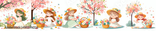vector of a little girl sitting with a basket of flowers in spring