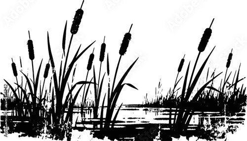 Silhouette of cattails and reeds by the water edge with grass and marsh plants in black and white
