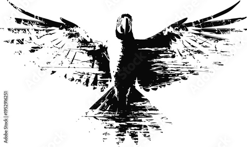 black grunge bird silhouette with outstretched wings in abstract distressed design