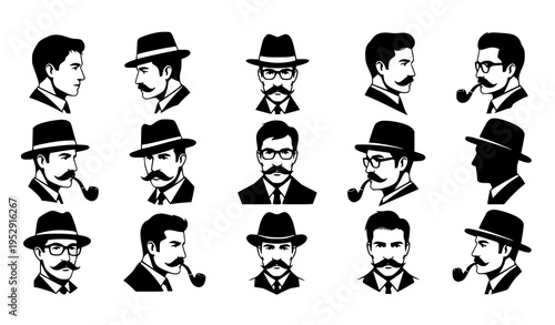 Classic vintage people silhouettes with hats mustaches glasses and pipe vector isolated on white background