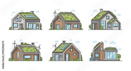 Six houses with green roofs.