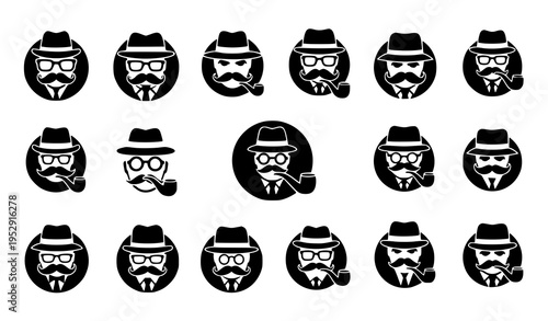 Retro gentleman avatar silhouettes with hat mustache glasses and pipe badge vector isolated on white background