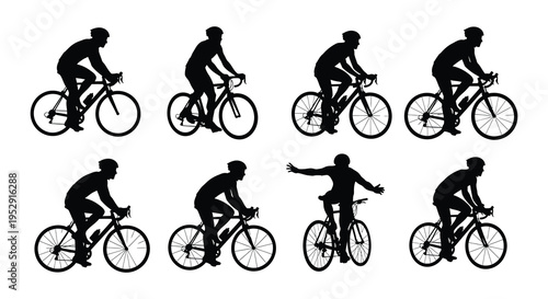 Silhouettes of cyclists in various riding positions and a celebratory pose