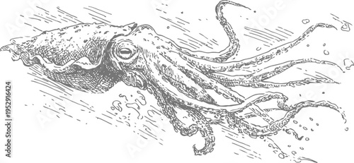 Detailed black and white illustration of a giant squid underwater with long tentacles and ink splashes