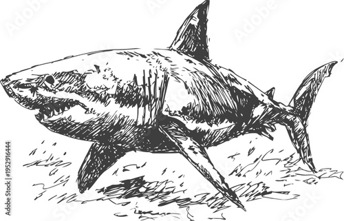 Great white shark illustration swimming underwater with detailed sketch and dynamic fins