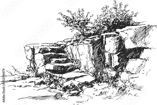 Ancient stone steps surrounded by rocks and wild plants in a natural rugged landscape drawing