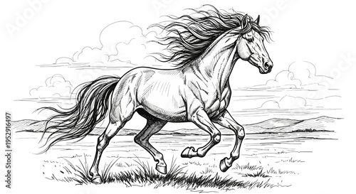 Running Horse Pencil Sketch Illustration