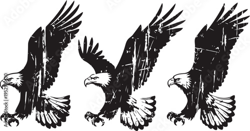 Three black and white eagle illustrations in flying and swooping poses with distressed texture