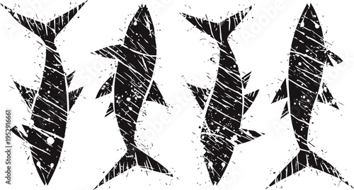 Grunge shark silhouettes set abstract textured fish shapes for design and decoration marine wildlife elements with distressed effect