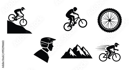 Silhouettes of cyclists in various riding positions and a celebratory pose