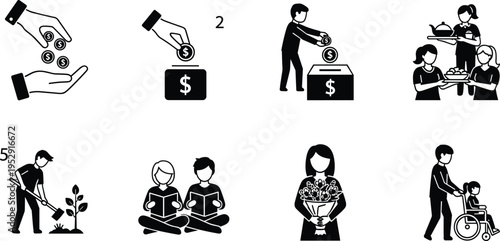 Charity and volunteering icon set featuring donation box, planting trees, helping disabled, giving food, and financial support for community service projects.