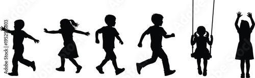 Children playing silhouettes set featuring boys and girls running, jumping, swinging on a swing, and cheering, isolated vector icons for playground.