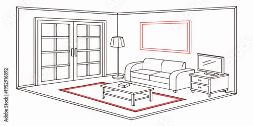 A modern living room with a large window, a comfortable sofa, and a television.