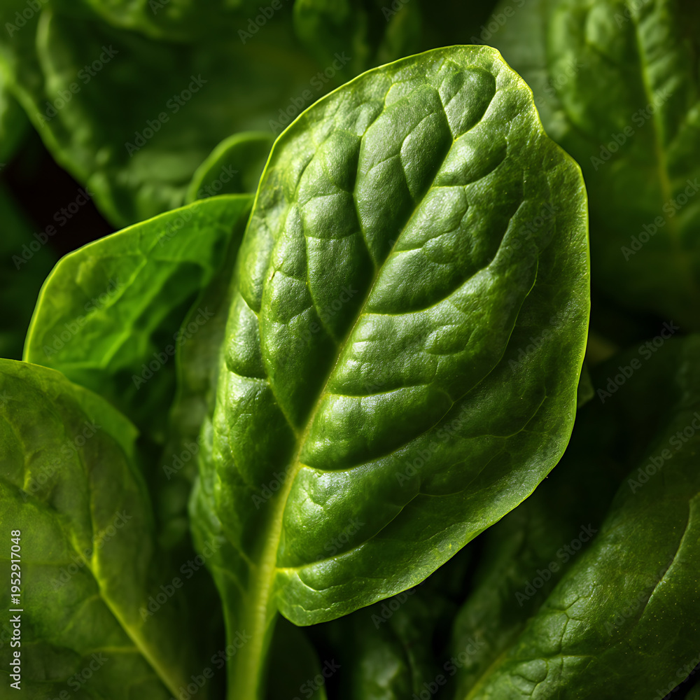 Obraz premium Fresh green spinach leaf close-up with detailed texture and vibrant color for healthy food concepts