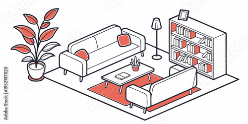 Modern living room with red furniture and a large window