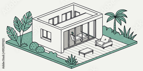 A modern house with a pool surrounded by palm trees and a lush garden.