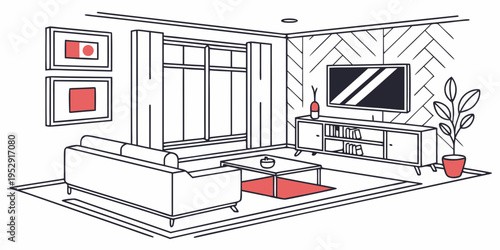 A modern living room with a fireplace, television, and large windows