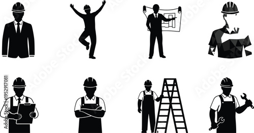 Construction worker silhouette icon set featuring civil engineer, contractor, foreman, maintenance repairman, architectural blueprint planning, industrial management, and safety helmet.