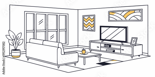 Modern living room with a large window, a television, and a cozy sofa