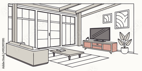 Modern living room with large windows and a cozy fireplace.