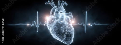 Heart model shows details of human anatomy with pulse line in background and glowing design elements in dark setting