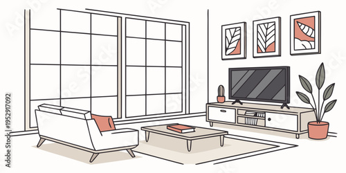 A modern living room with a large window and a television.