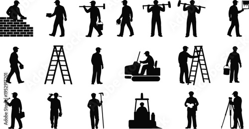Construction worker silhouettes set featuring builders, bricklayers, painters, heavy machinery operators, and surveyors, isolated vector icons for industrial and engineering projects.