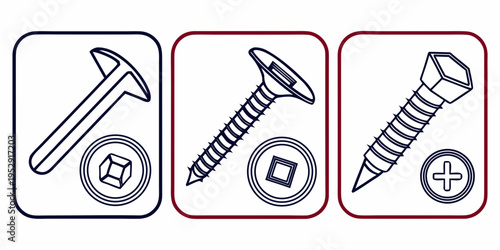 Three different types of screws and bolts with their respective symbols
