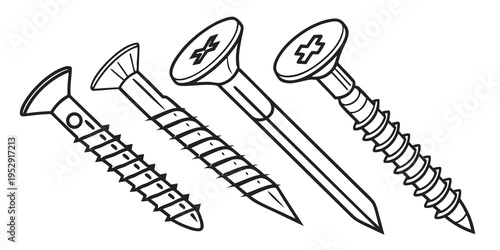 Assorted screws with different head types and thread patterns illustrated in black and white