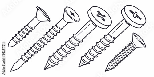 A variety of screws and screwdrivers displayed in a row