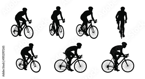 Silhouettes of cyclists in various riding positions and a celebratory pose