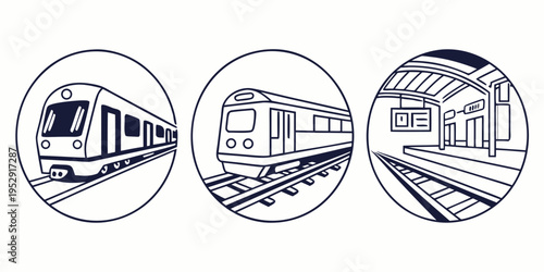 Three distinct scenes of trains, each enclosed in a circular frame, showcasing different aspects of rail travel.