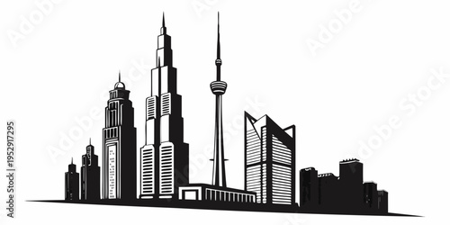 Modern city skyline with iconic buildings and a tall tower in the background