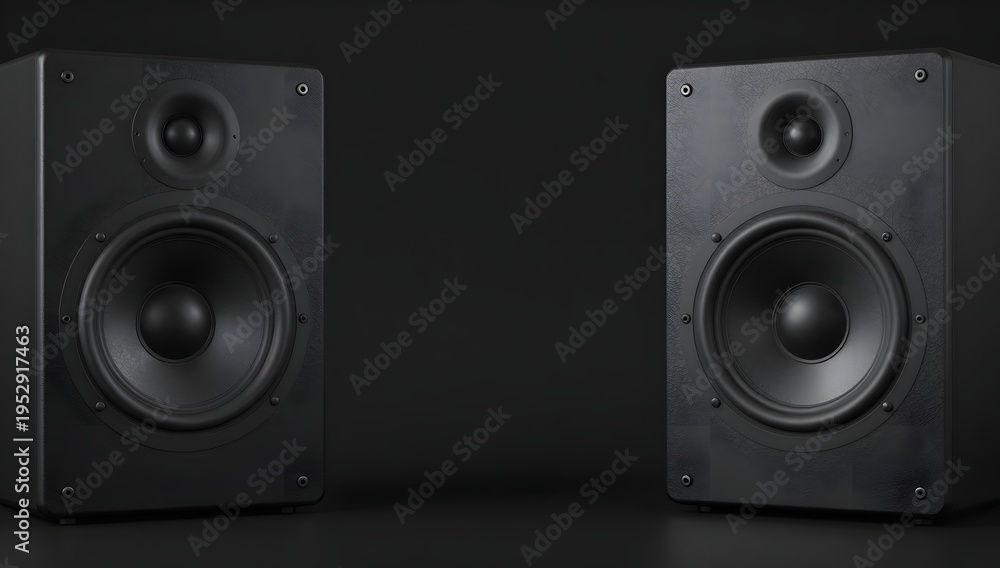 Fototapeta premium Two black audio speakers stand in a dark room, facing the viewer on either side