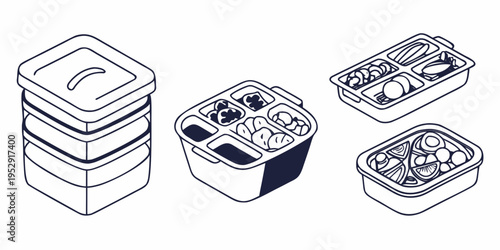 Various types of food containers and their contents displayed in a row.