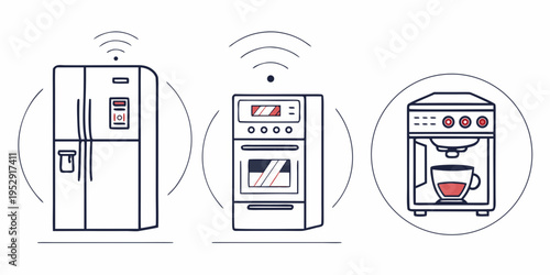 Smart kitchen appliances connected through a wireless network.