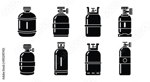 Black silhouette icons depicting various styles of gas cylinders
