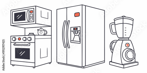 A variety of kitchen appliances including a microwave, oven, fridge, and blender