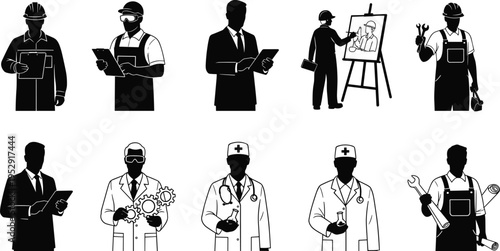 Diverse professional silhouette icons featuring doctor engineer businessman architect scientist and construction worker avatars for career industry and corporate workforce recruitment