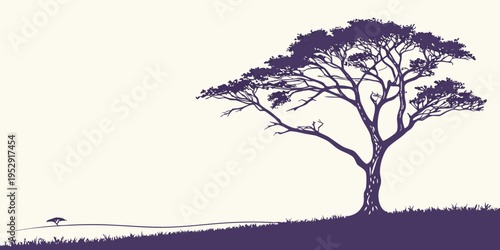 Silhouette of a majestic tree with a giraffe in the distance at sunset