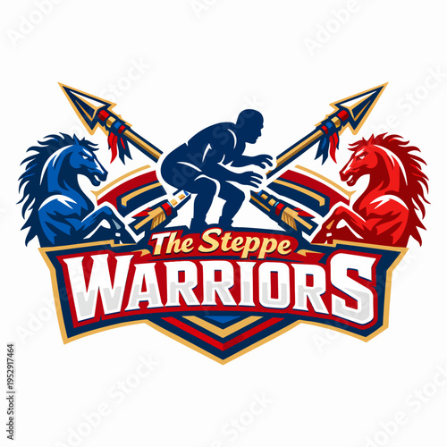 Bold steppe warriors emblem with crossed spears and galloping horses, capturing nomadic courage, battle spirit, tribal honor, heritage pride, and legendary frontier strength