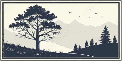 A serene landscape with a majestic tree and distant mountains under a starry sky