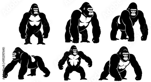 Set of Gorilla Silhouettes: Various Poses of Powerful Apes in Black and White
