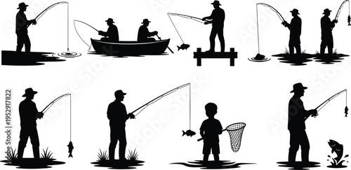 Fishing Silhouette Set, Fishermen with Rods, Boat and Nets, Outdoor Hobby Graphics, Men Catching Fish, Summer Recreation, Vector Illustration Isolated