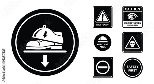 Collection of black and white safety warning signs and protective equipment icons