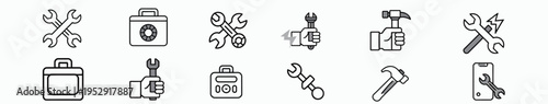 “Hand and mobile repair icon set designed for device service and maintenance solutions.”